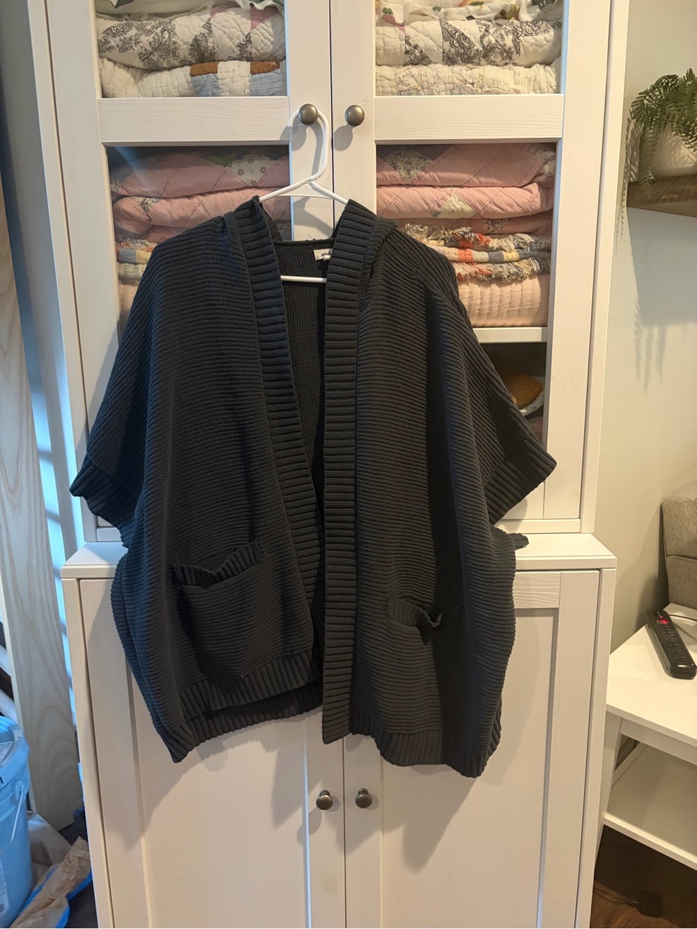 aerie Black Ribbed Open-Front Short Sleeve Cardigan